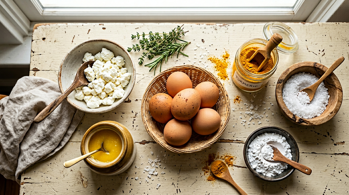 Healthy ingredients for Achiras: Achira root starch, fresh cheese, ghee, eggs, salt, and turmeric
